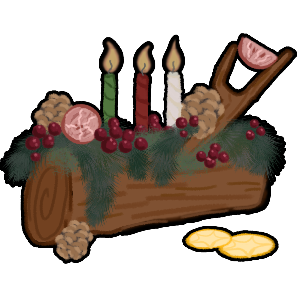 a digital drawing of a festive Yule log adorned with candles in green, red then white, pinecones, cranberries, and  pine greenery and dried citrus slices adorning the log. It also includes gold coins next to the log.